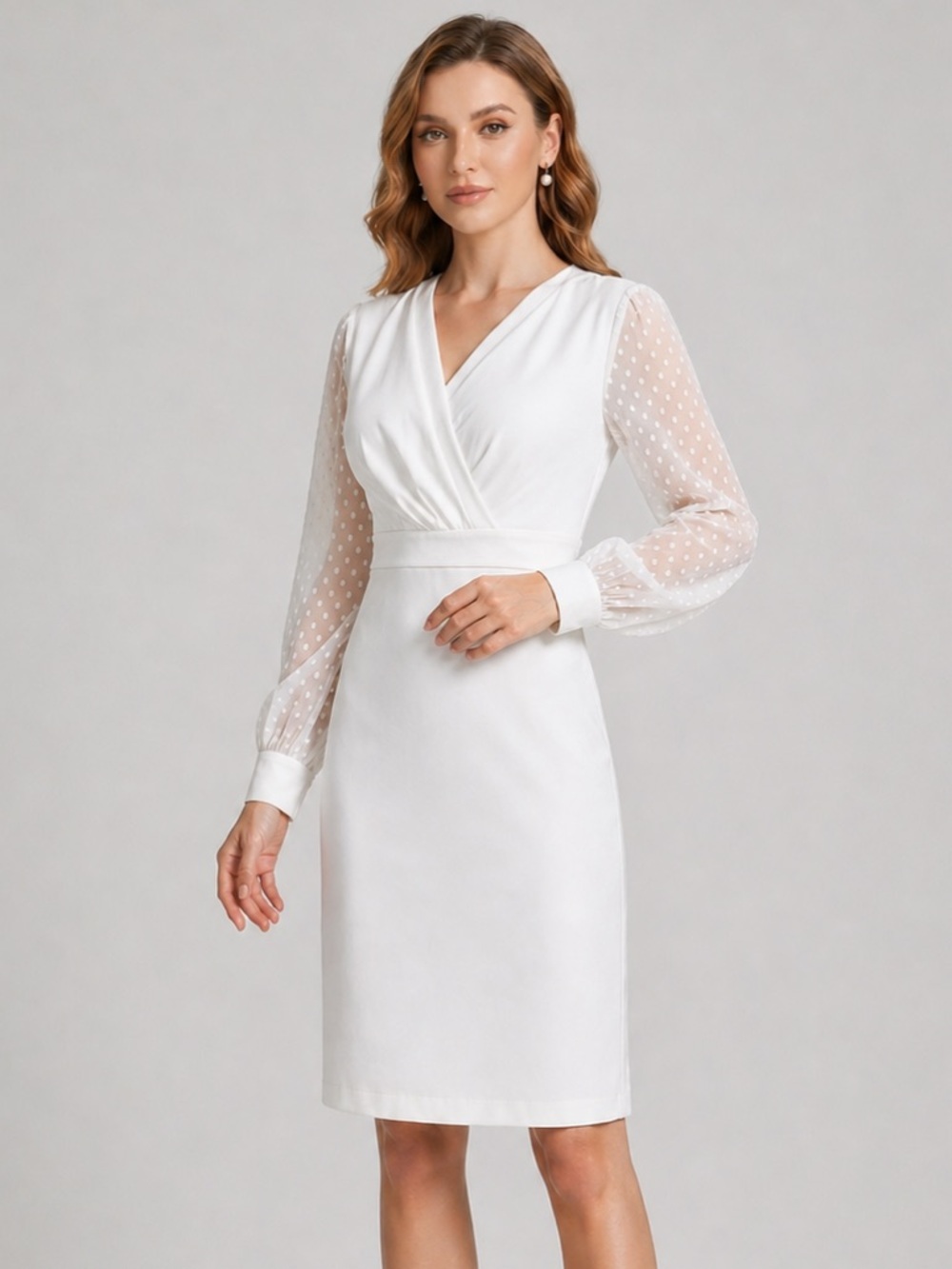 White Dress Bridal Swiss Dot Sheer Sleeve Knee Length Graduation Medium NWT